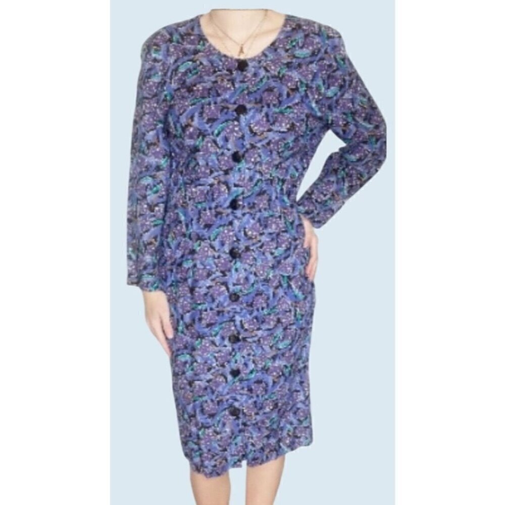 Vintage RAMPAGE 80s Purple Geometric Print Full Button Dress Sz Small